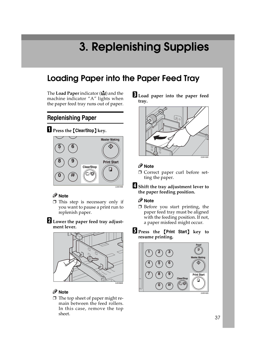 Ricoh JP730 manual Loading Paper into the Paper Feed Tray, Replenishing Paper 