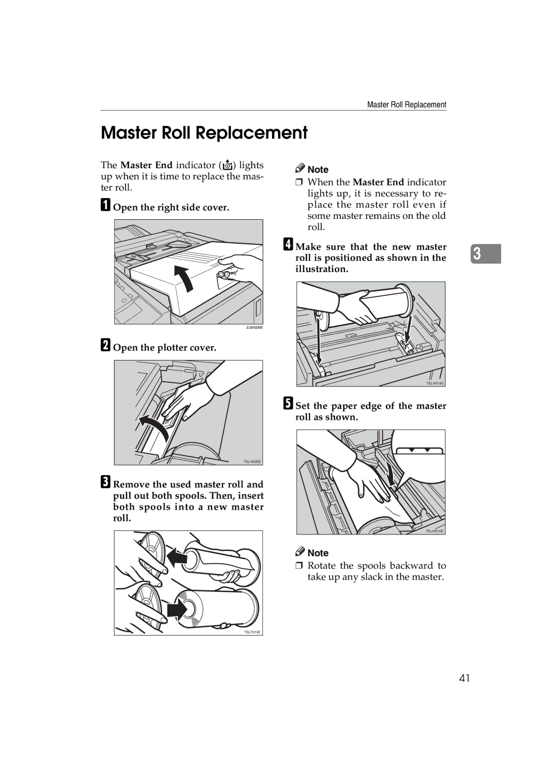 Ricoh JP730 manual Master Roll Replacement, Set the paper edge of the master roll as shown 