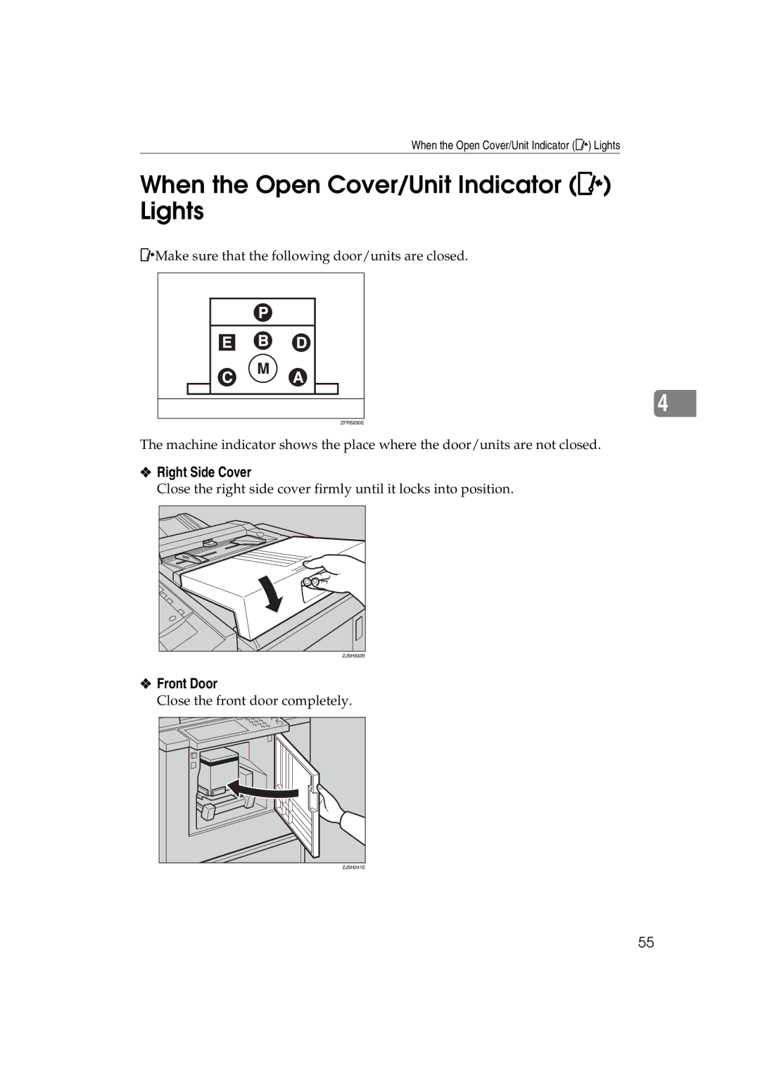 Ricoh JP730 manual When the Open Cover/Unit Indicator M Lights, Right Side Cover, Front Door 