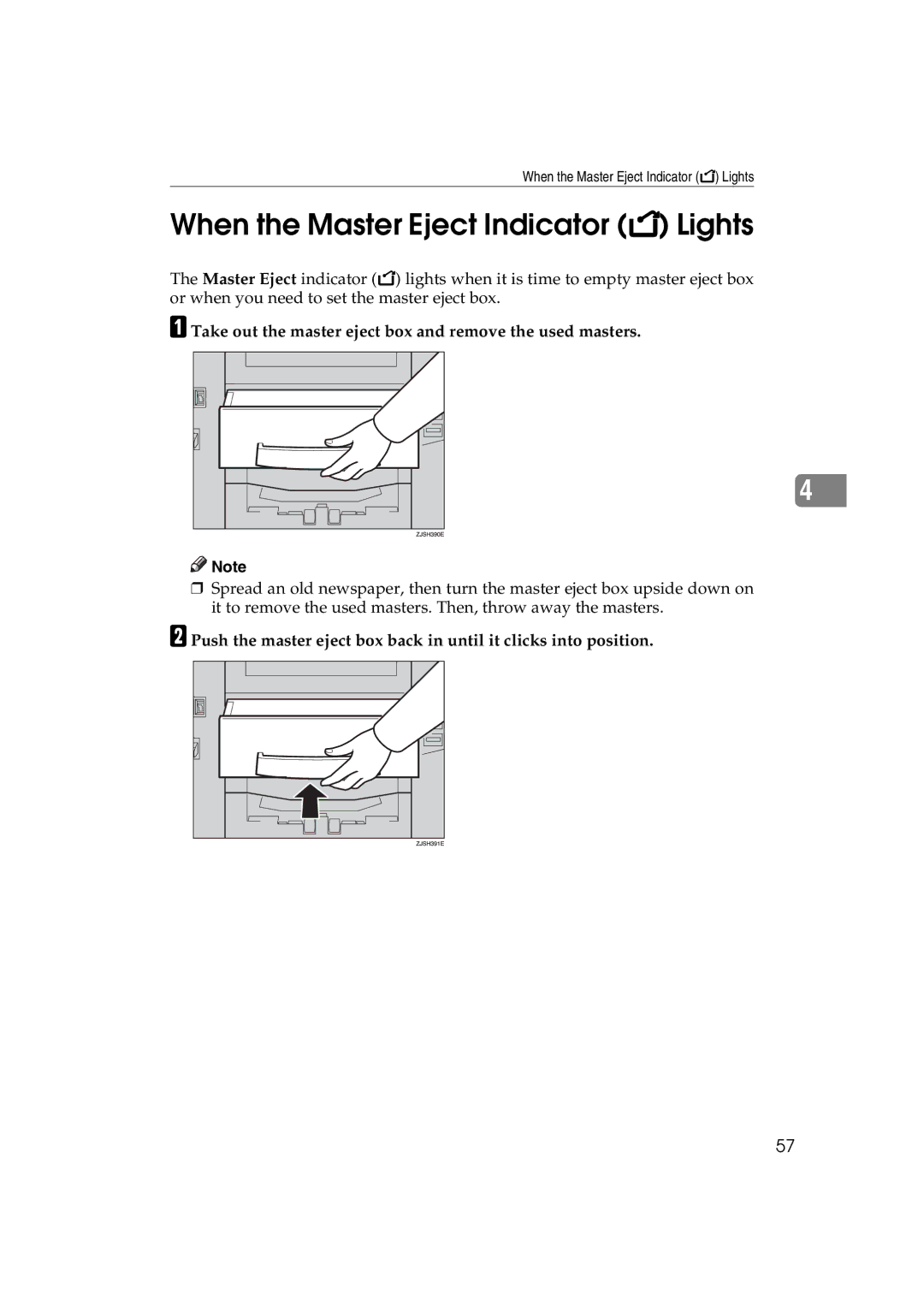 Ricoh JP730 manual When the Master Eject Indicator k Lights, Take out the master eject box and remove the used masters 