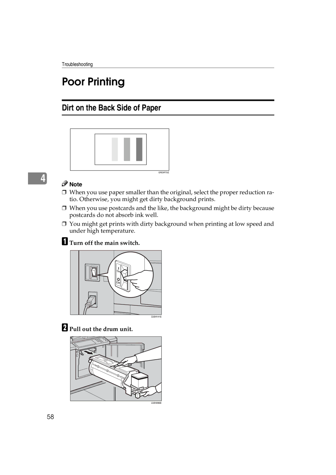 Ricoh JP730 manual Poor Printing, Dirt on the Back Side of Paper 