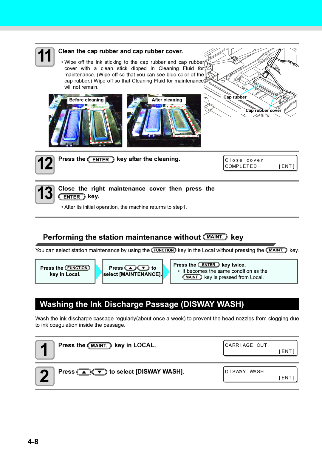 Ricoh L4130, L4160 Washing the Ink Discharge Passage Disway Wash, Performing the station maintenance without MAINT. key 