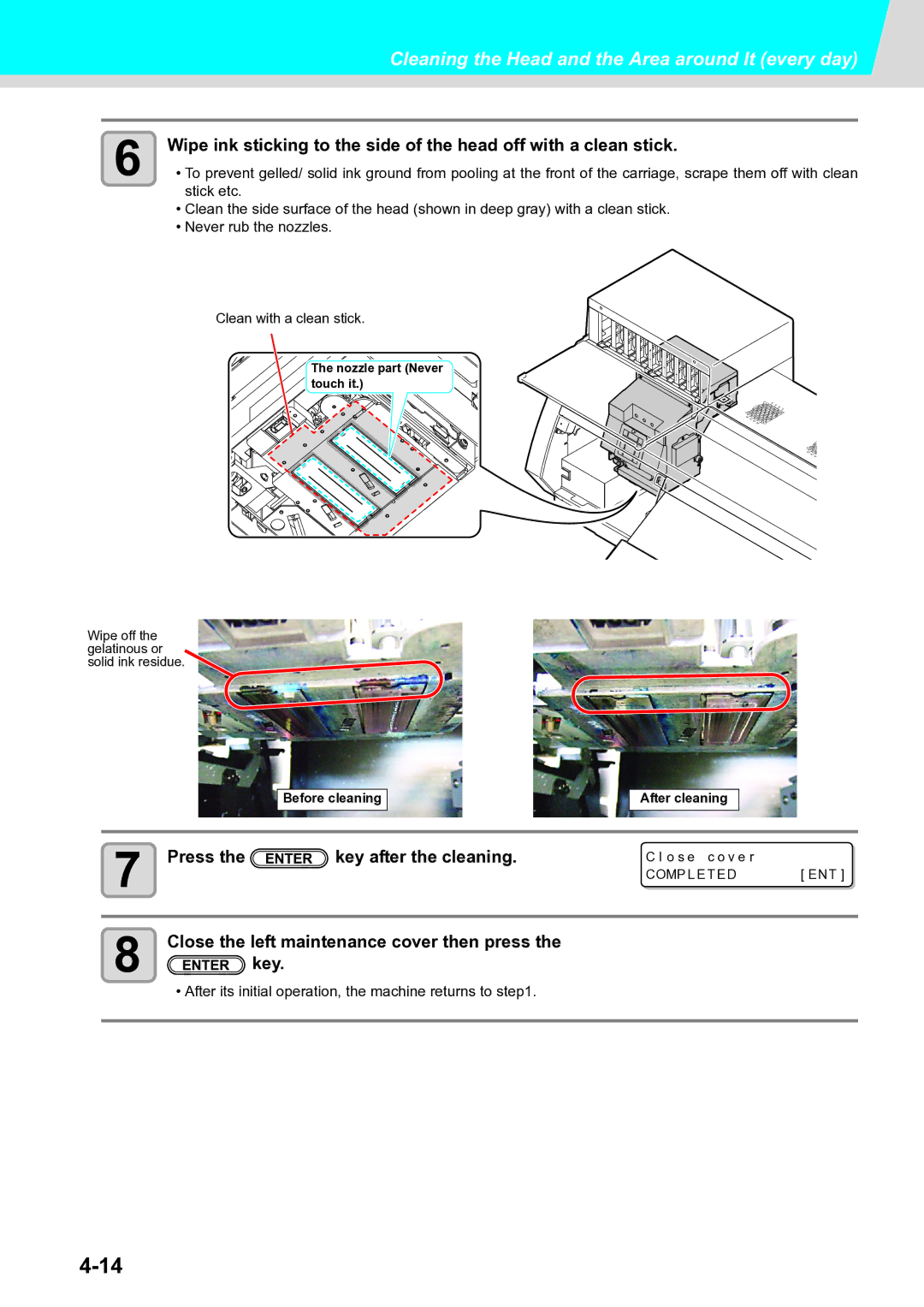 Ricoh L4130, L4160 Cleaning the Head and the Area around It every day, Close the left maintenance cover then press 