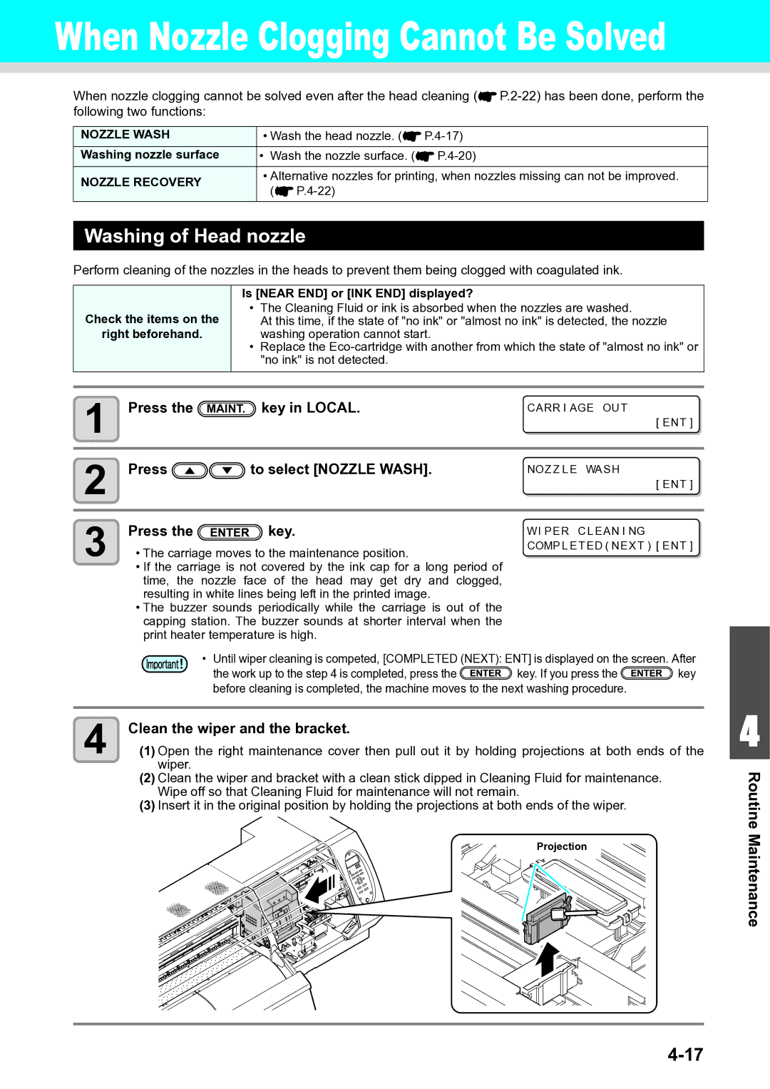 Ricoh L4160, L4130 operation manual Washing of Head nozzle, Press To select Nozzle Wash, Washing nozzle surface 