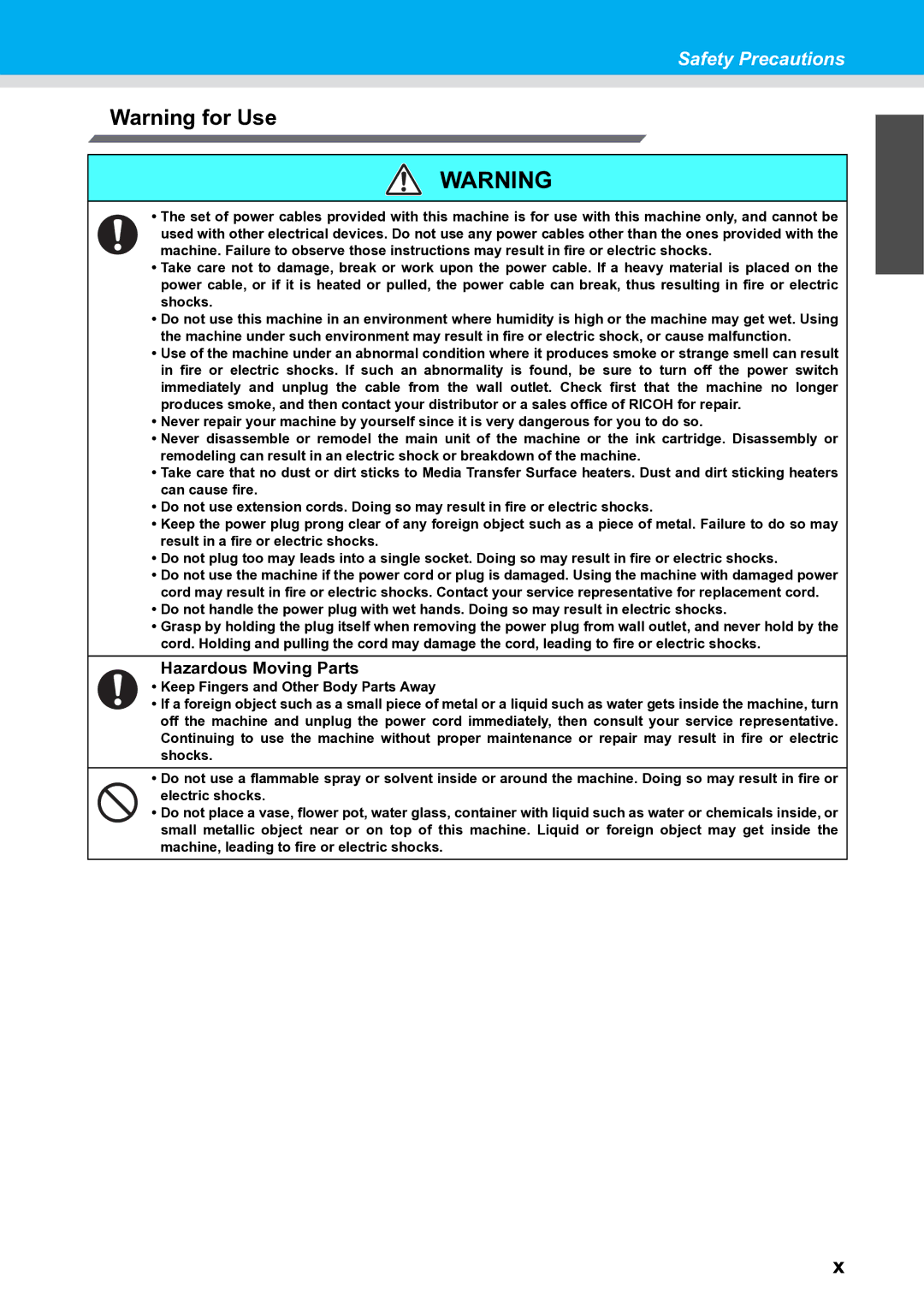 Ricoh L4160, L4130 operation manual Safety Precautions, Hazardous Moving Parts 