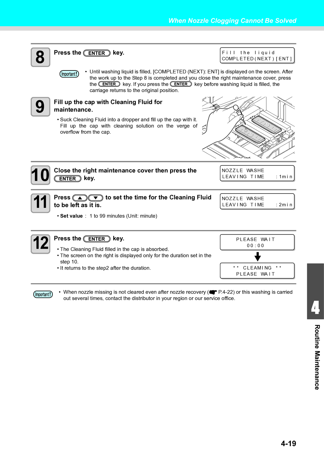 Ricoh L4160, L4130 Fill up the cap with Cleaning Fluid for Maintenance ．, Close the right maintenance cover then press 