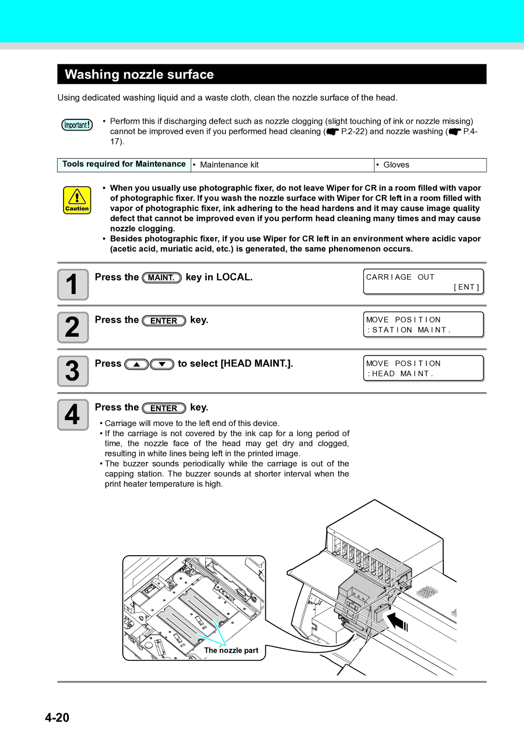 Ricoh L4130, L4160 operation manual Washing nozzle surface, Press To select Head Maint 