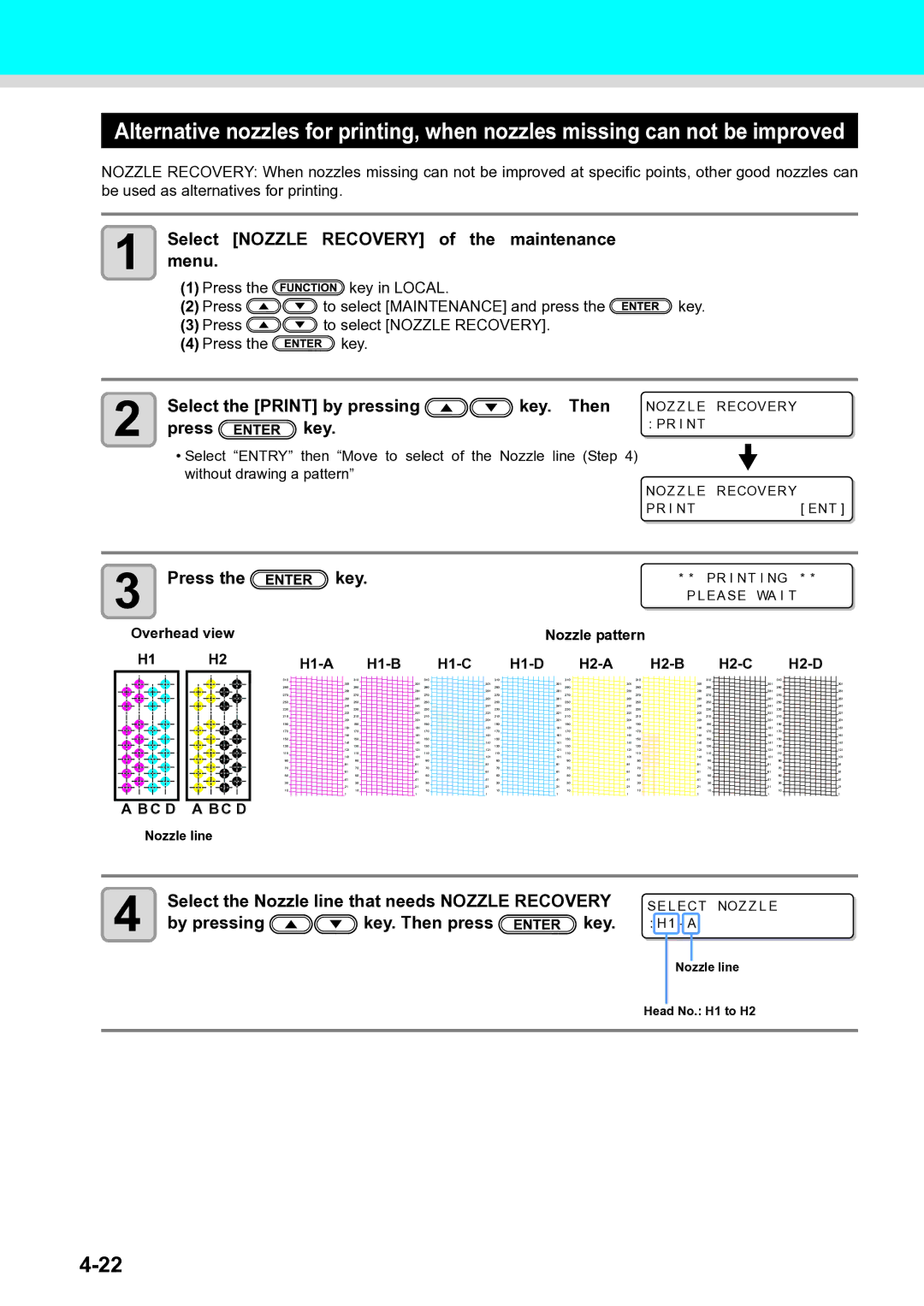 Ricoh L4130, L4160 Select Nozzle Recovery of the maintenance menu, Select the Print by pressing Key. Then Press 