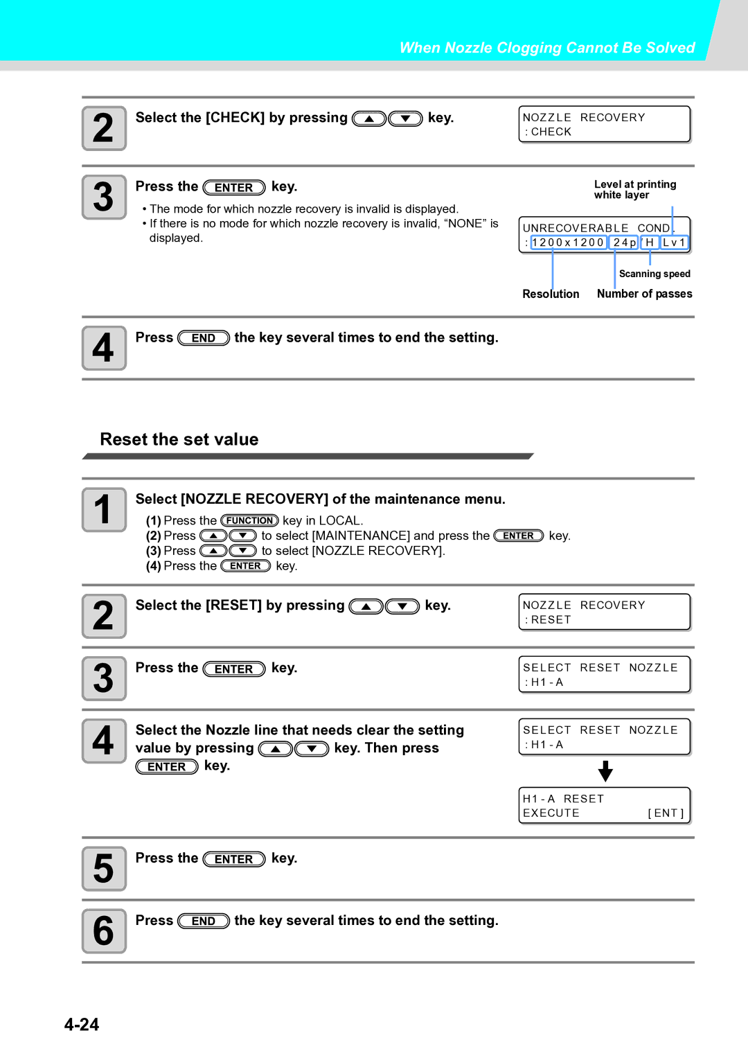 Ricoh L4130, L4160 operation manual Reset the set value, Select the Check by pressing Key, Select the Reset by pressing Key 