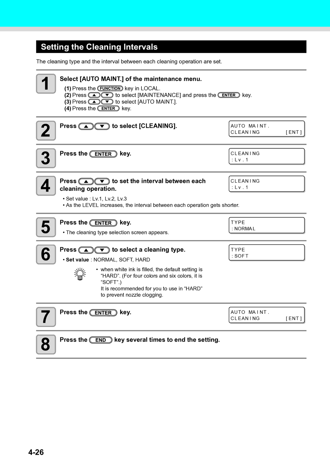 Ricoh L4130 Setting the Cleaning Intervals, Press To select Cleaning, Cleaning operation, Press To select a cleaning type 