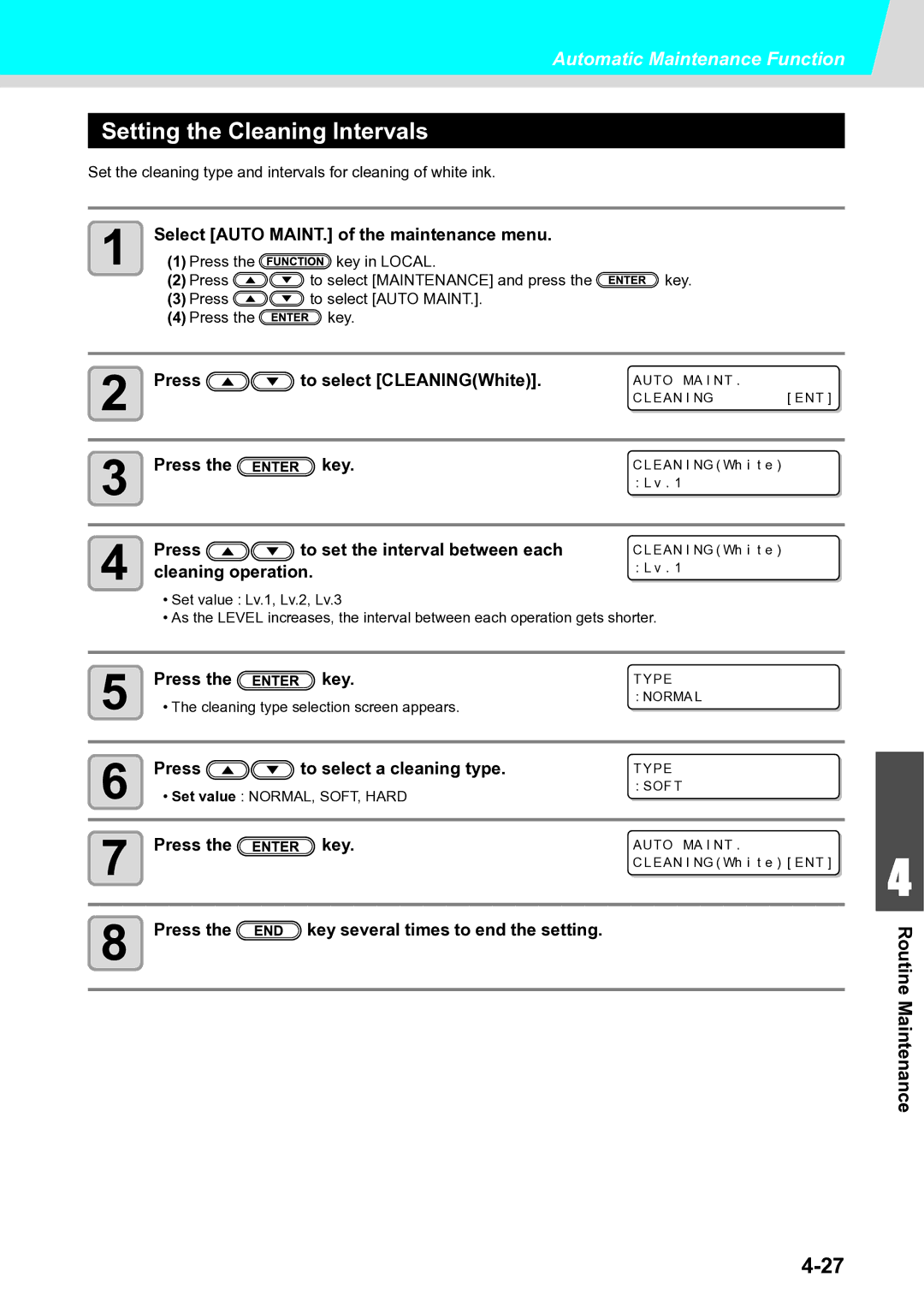 Ricoh L4160 Press To select CLEANINGWhite, Press To set the interval between each, Cleaning type selection screen appears 