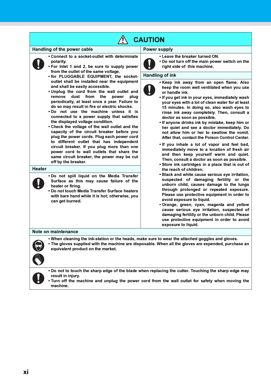 Ricoh L4130, L4160 operation manual Handling of the power cable Power supply, Handling of ink, Heater 