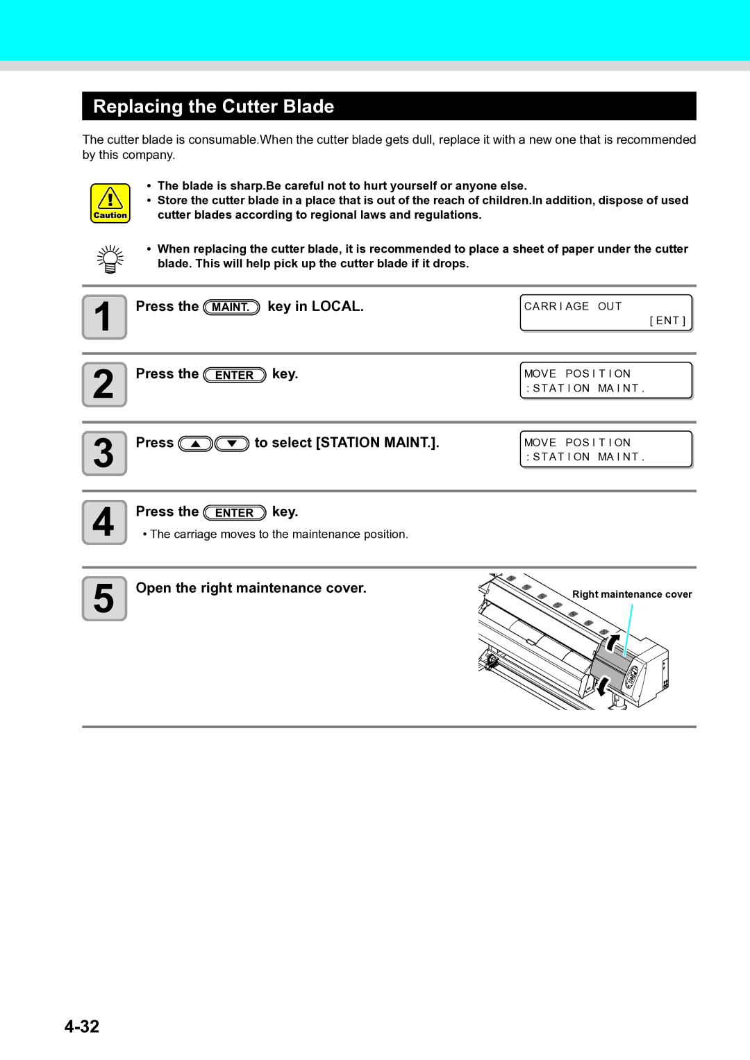 Ricoh L4130, L4160 operation manual Replacing the Cutter Blade, Press the Maint Key in Local 