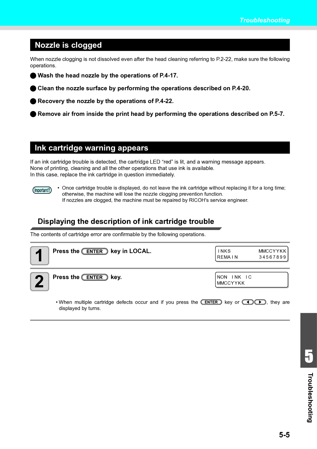 Ricoh L4160, L4130 Nozzle is clogged, Ink cartridge warning appears, Displaying the description of ink cartridge trouble 