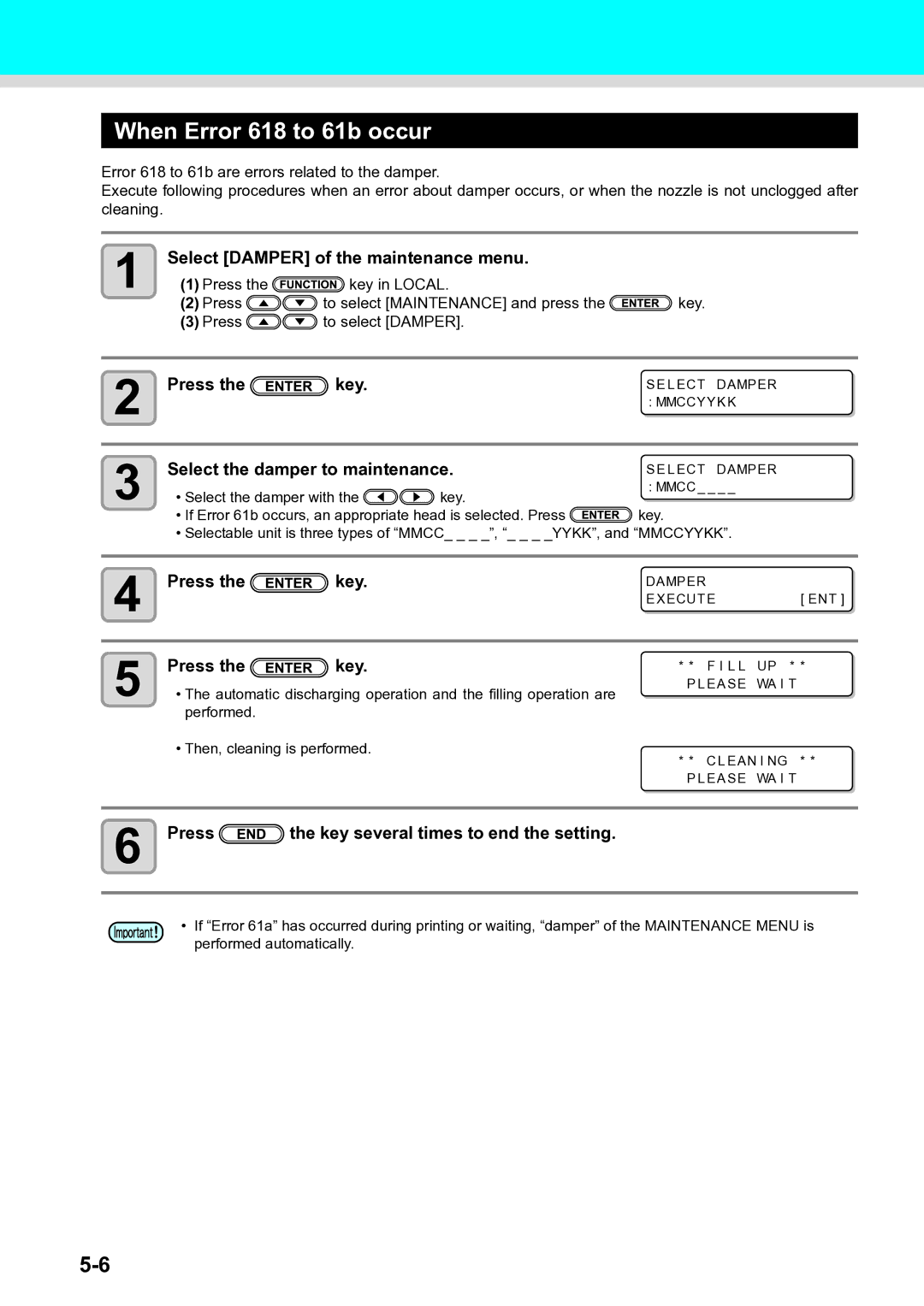 Ricoh L4130, L4160 When Error 618 to 61b occur, Select Damper of the maintenance menu, Select the damper to maintenance 