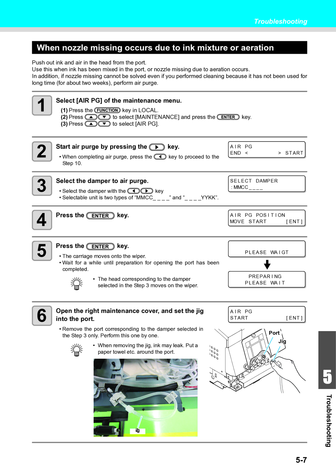 Ricoh L4160, L4130 When nozzle missing occurs due to ink mixture or aeration, Select AIR PG of the maintenance menu 