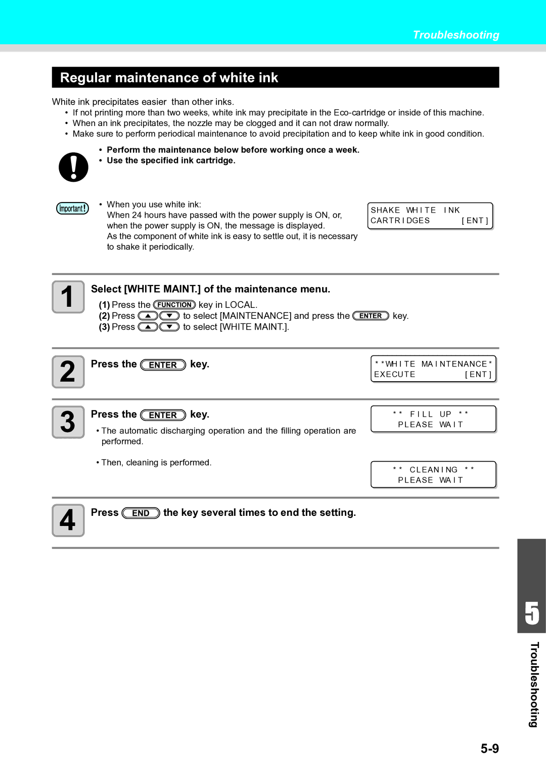 Ricoh L4160, L4130 operation manual Regular maintenance of white ink, Select White MAINT. of the maintenance menu 