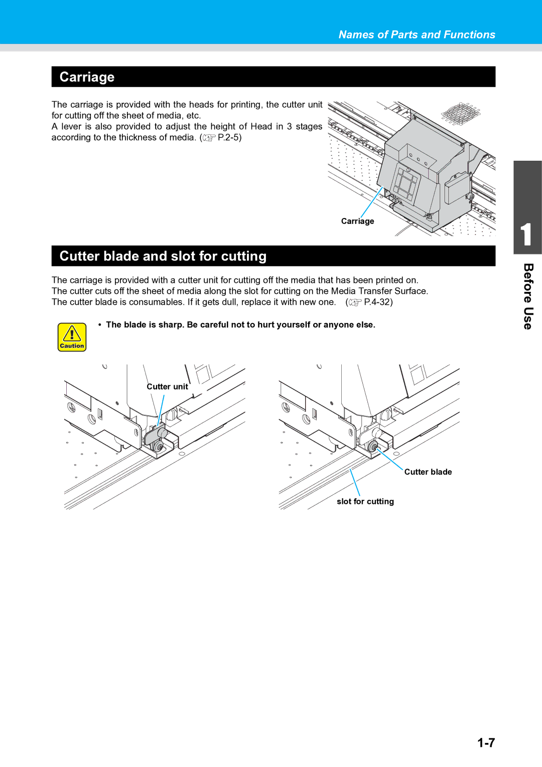 Ricoh L4160, L4130 operation manual Carriage, Cutter blade and slot for cutting 