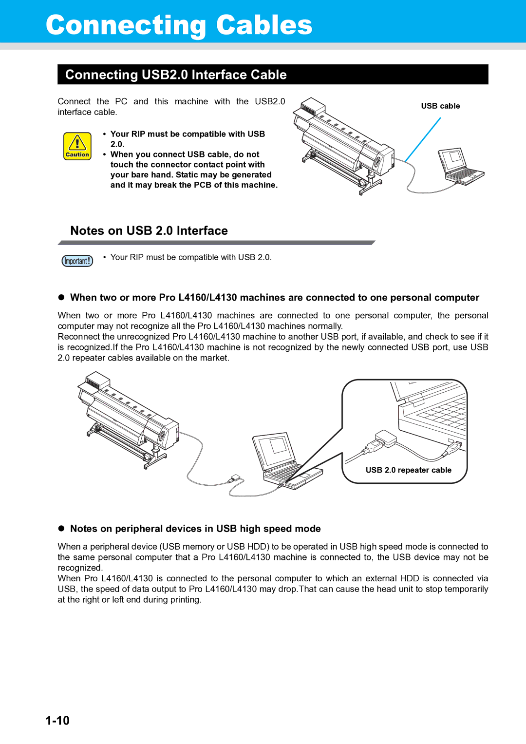 Ricoh L4130, L4160 Connecting Cables, Connecting USB2.0 Interface Cable, Your RIP must be compatible with USB 