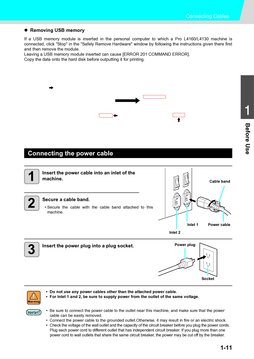 Ricoh L4160, L4130 operation manual Connecting the power cable 