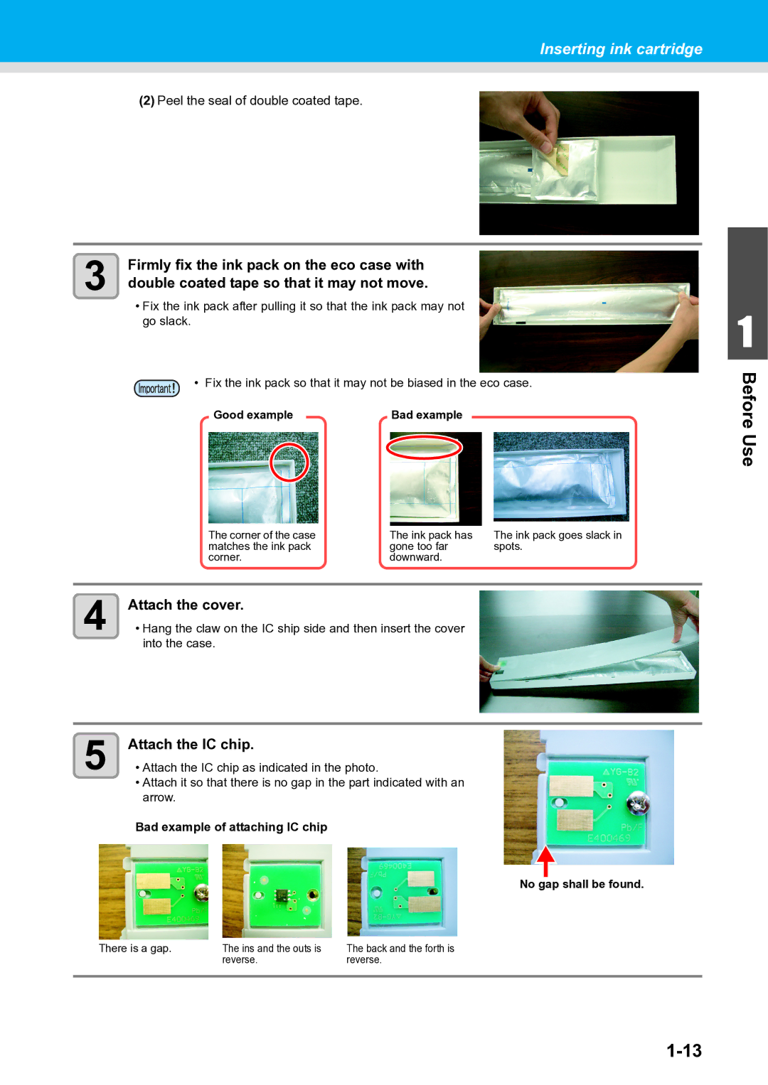 Ricoh L4160 Firmly fix the ink pack on the eco case with, Double coated tape so that it may not move, Attach the cover 