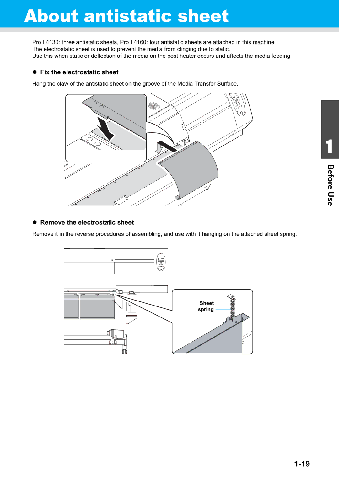 Ricoh L4160, L4130 operation manual About antistatic sheet, Fix the electrostatic sheet, Remove the electrostatic sheet 