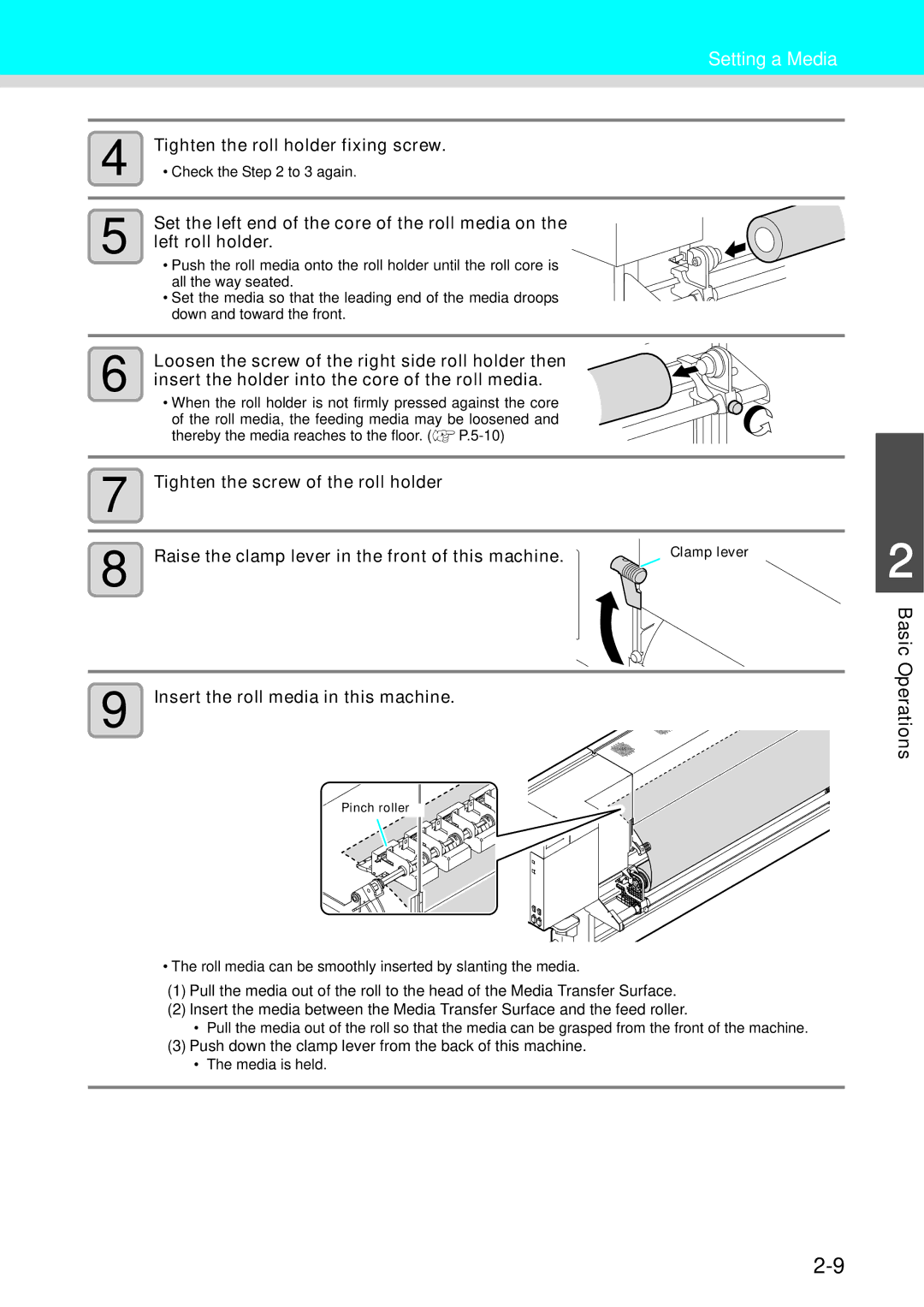 Ricoh L4160, L4130 operation manual Tighten the roll holder fixing screw, Insert the roll media in this machine 