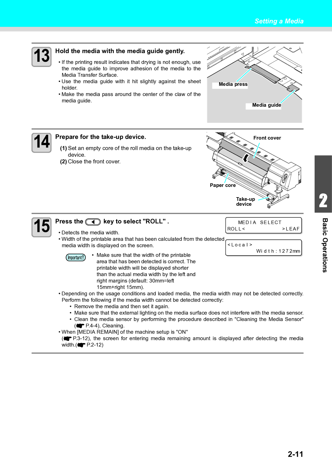 Ricoh L4160, L4130 Hold the media with the media guide gently, Prepare for the take-up device, Press Key to select Roll 