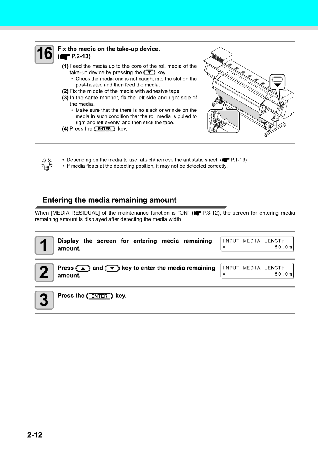 Ricoh L4130, L4160 Entering the media remaining amount, Fix the media on the take-up device. P.2-13, Amount Press Key 