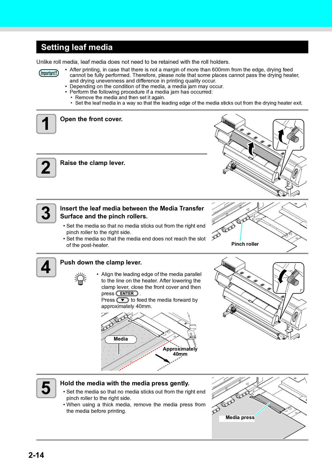 Ricoh L4130, L4160 operation manual Setting leaf media, Push down the clamp lever 