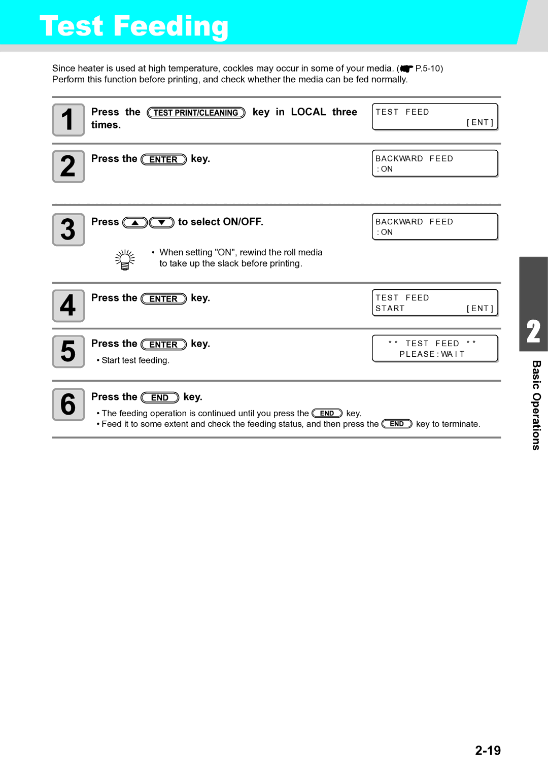 Ricoh L4160, L4130 operation manual Test Feeding, Press Key in Local three, Times Press Key, Press To select ON/OFF 