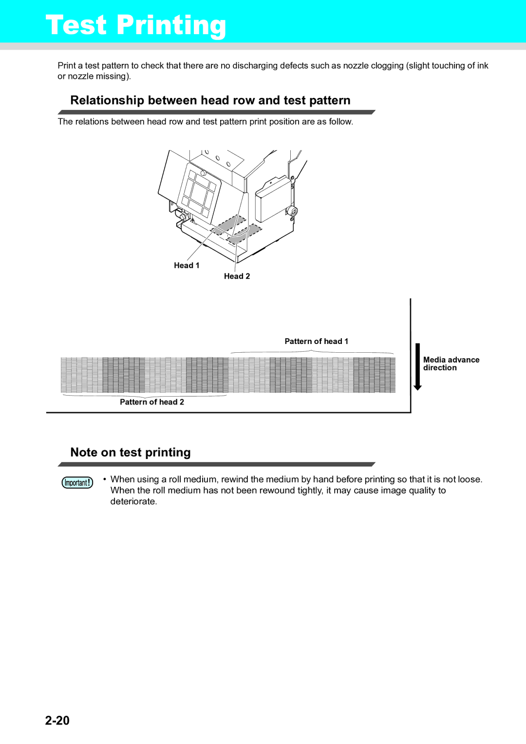 Ricoh L4130, L4160 operation manual Test Printing, Relationship between head row and test pattern 