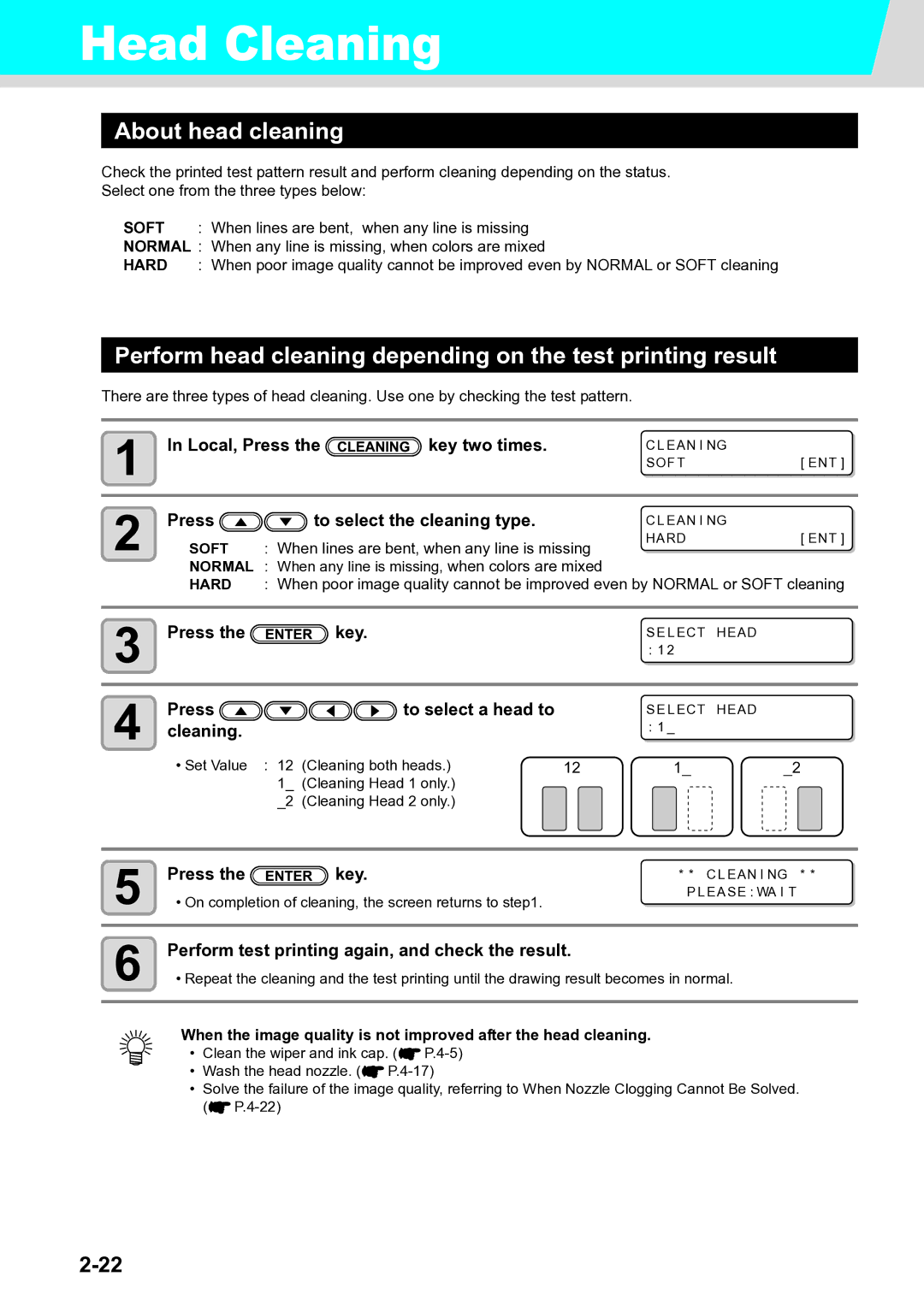 Ricoh L4130, L4160 Head Cleaning, About head cleaning, Perform head cleaning depending on the test printing result 