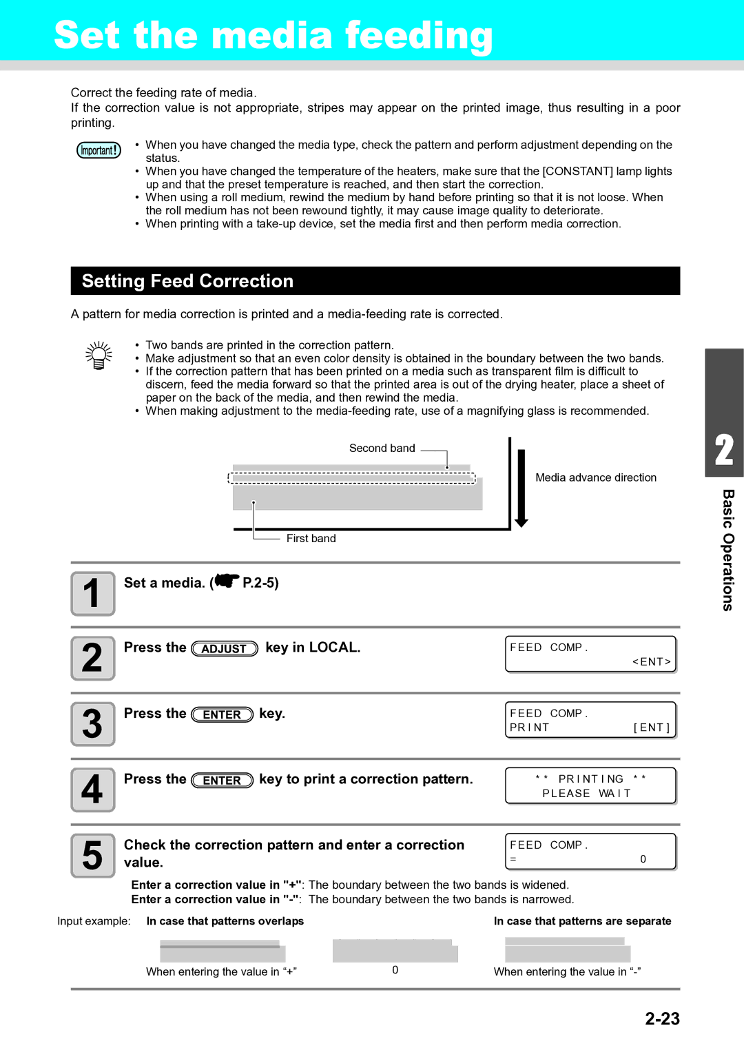 Ricoh L4160 Set the media feeding, Setting Feed Correction, Set a media, Press Key to print a correction pattern, Value 