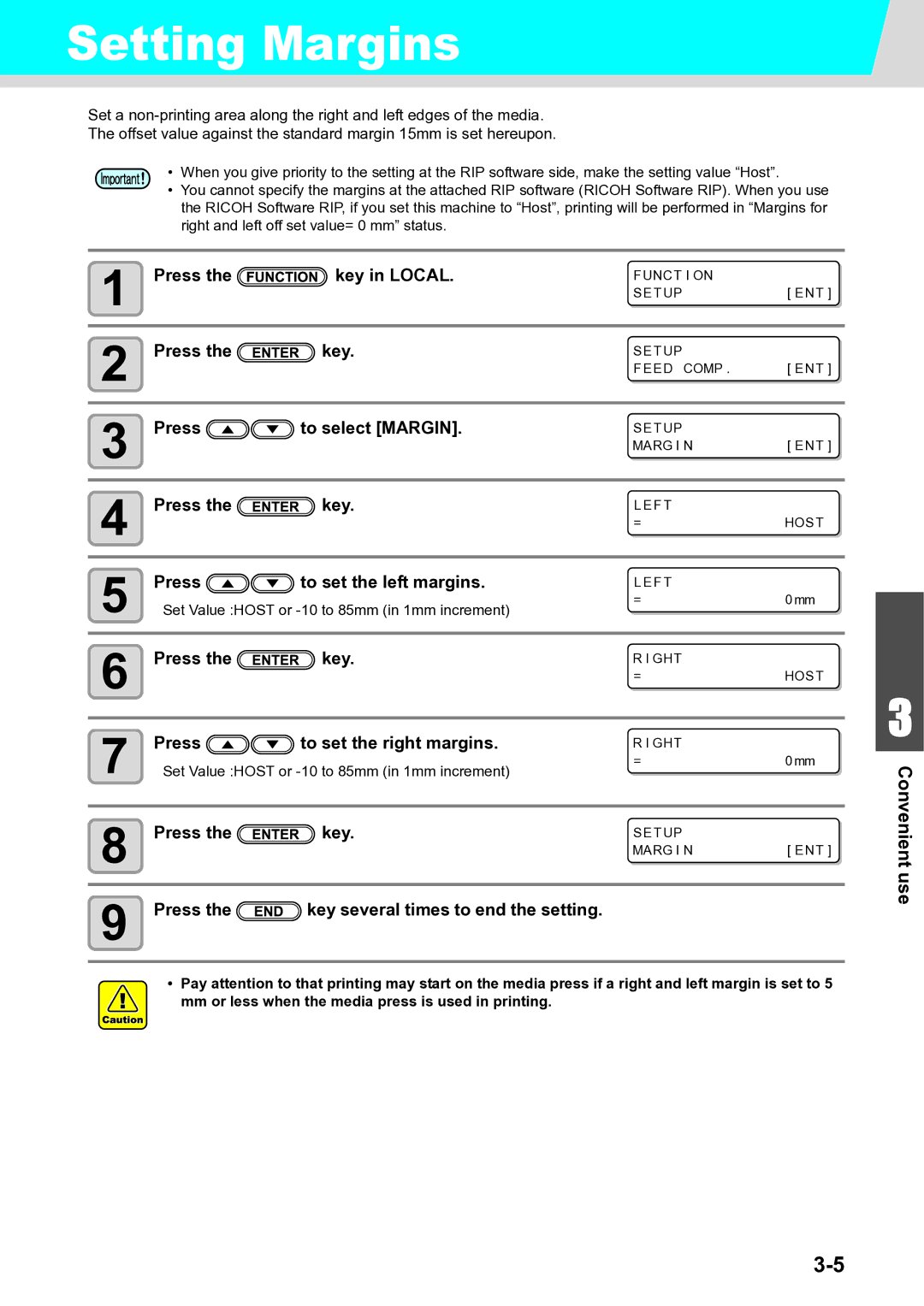 Ricoh L4160, L4130 Setting Margins, Press To select Margin, Press To set the left margins, Press To set the right margins 