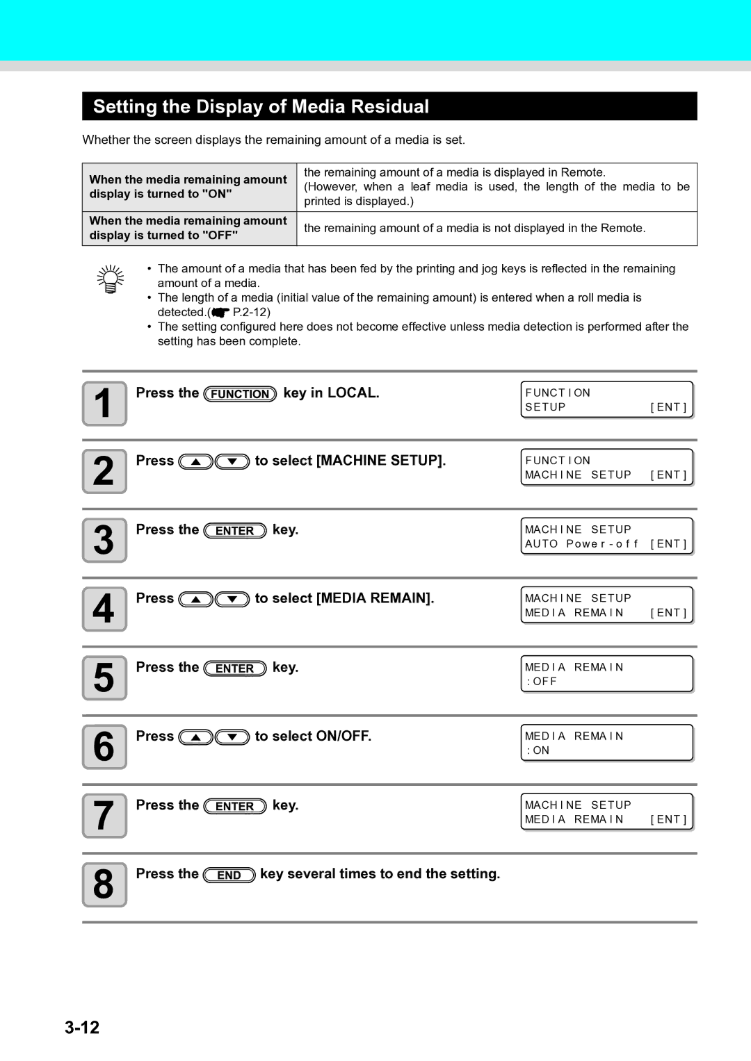 Ricoh L4130, L4160 Setting the Display of Media Residual, Press To select Media Remain, Display is turned to on 