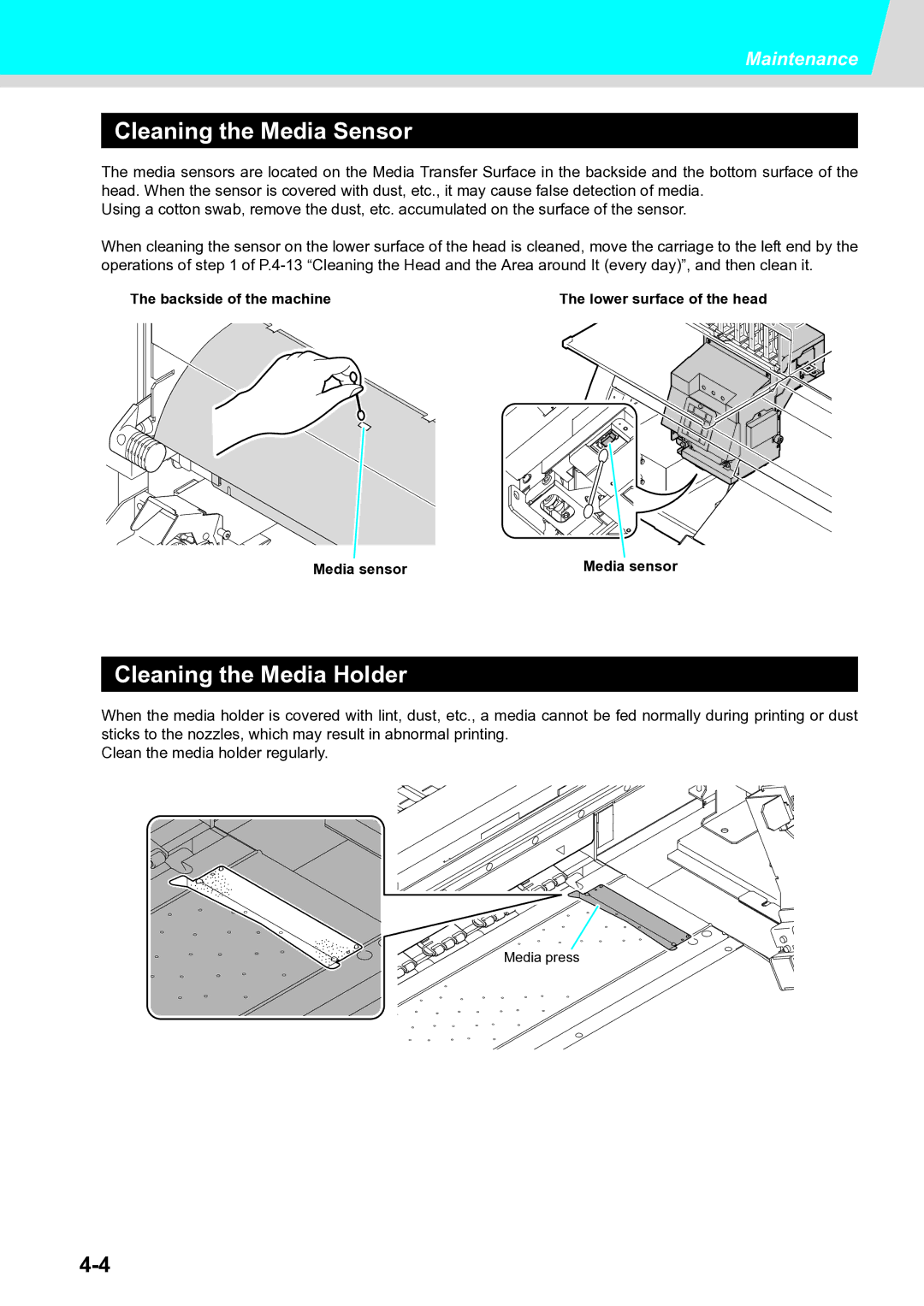 Ricoh L4130, L4160 Cleaning the Media Sensor, Cleaning the Media Holder, Backside of the machine, Media sensor 