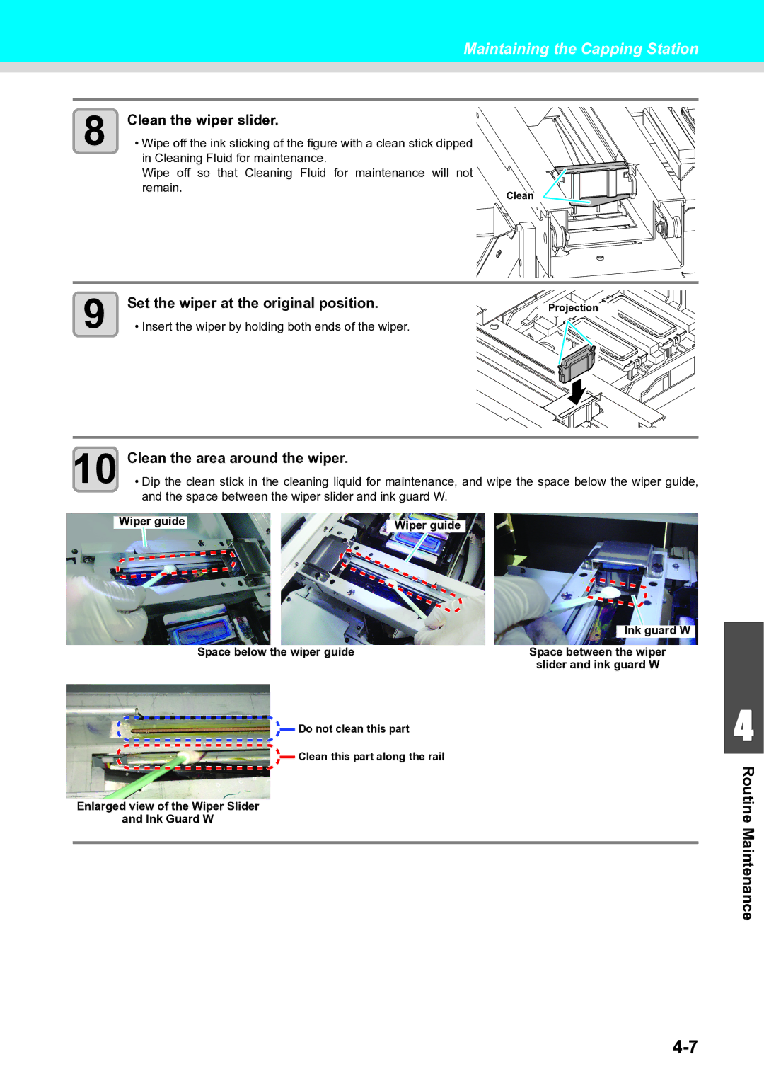 Ricoh L4160, L4130 Clean the wiper slider, Set the wiper at the original position, Clean the area around the wiper 