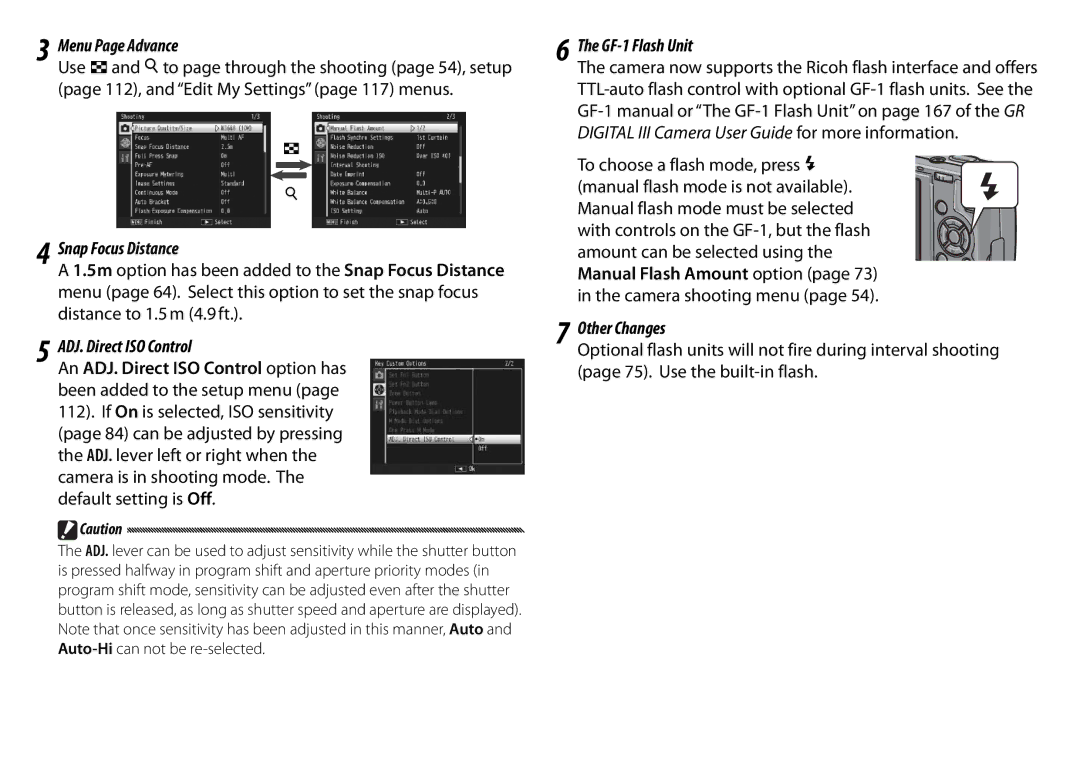 Ricoh L753 2911 manual Menu Page Advance, Snap Focus Distance, ADJ. Direct ISO Control, GF-1 Flash Unit, Other Changes 