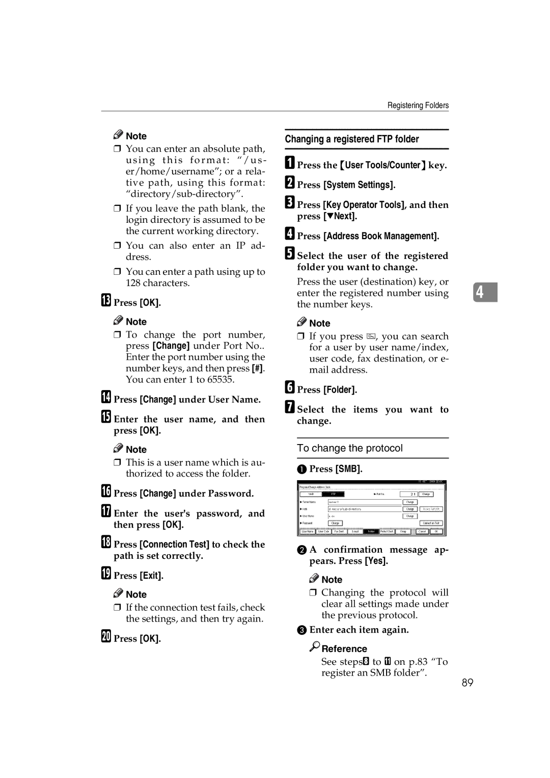 Ricoh LD122, LD127, DSm622, DSm627 Changing a registered FTP folder, Press SMB Confirmation message ap- pears. Press Yes 