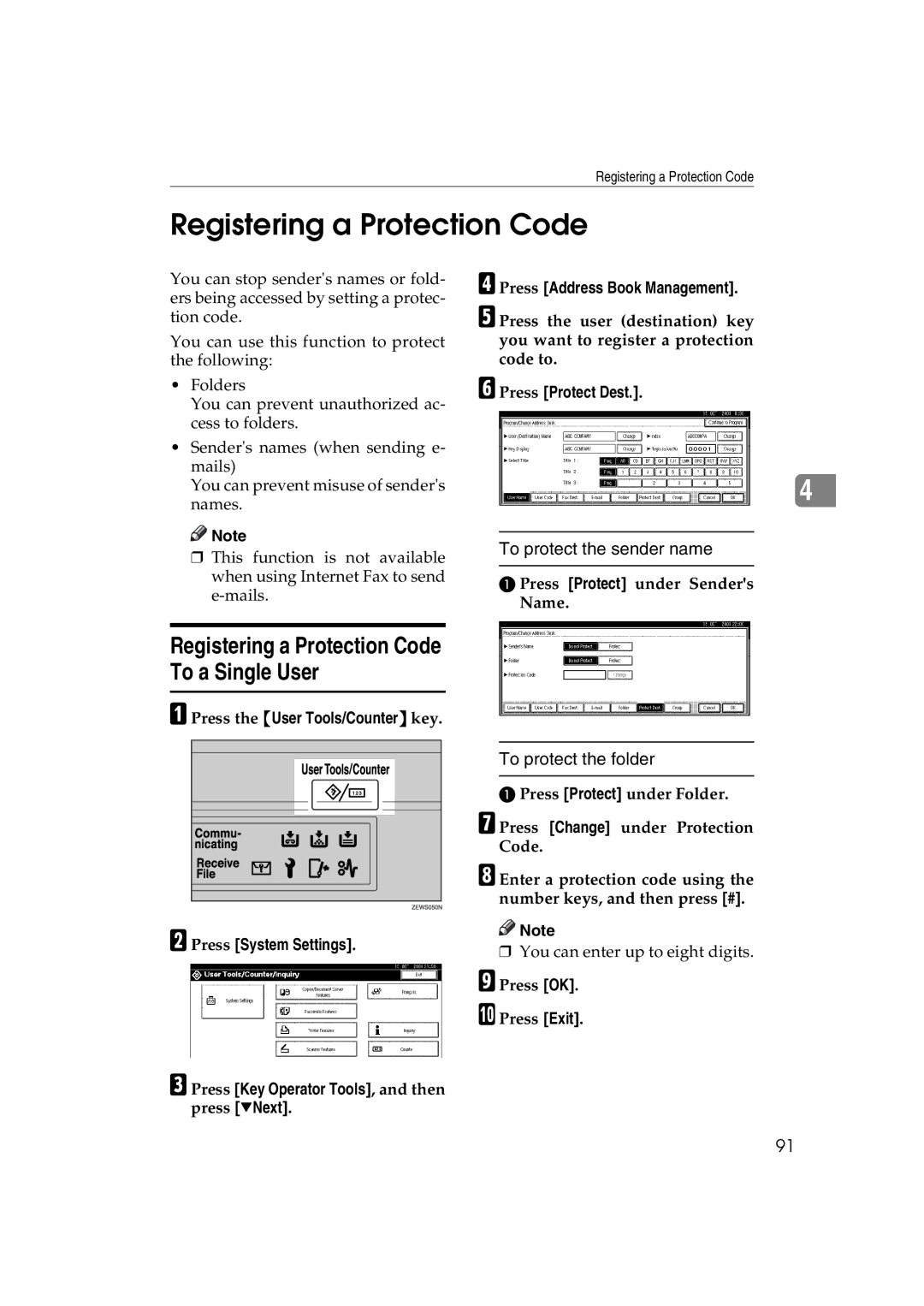 Ricoh DSm627, LD127 Registering a Protection Code To a Single User, To protect the sender name, To protect the folder 