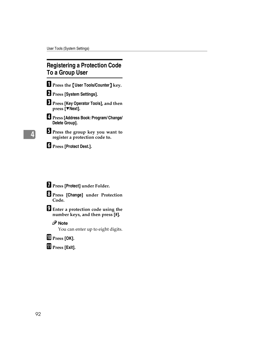 Ricoh LD127, LD122, DSm622, DSm627 specifications Registering a Protection Code To a Group User 