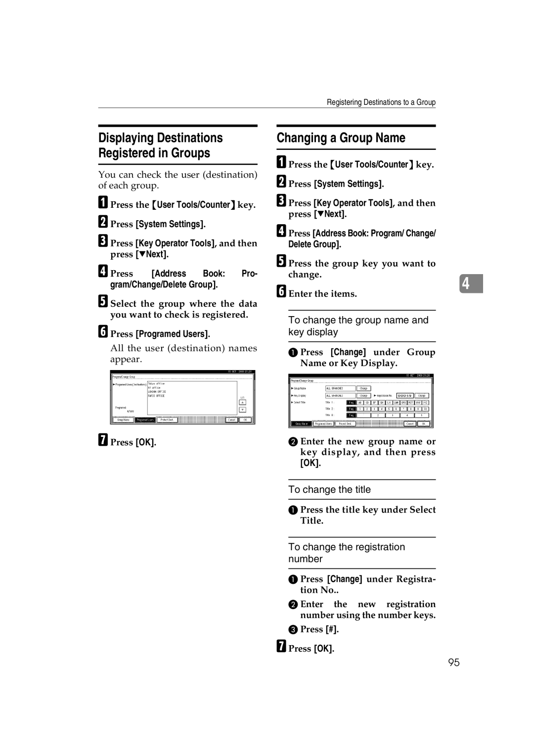 Ricoh DSm627, LD127 Changing a Group Name, To change the group name and key display, To change the registration number 