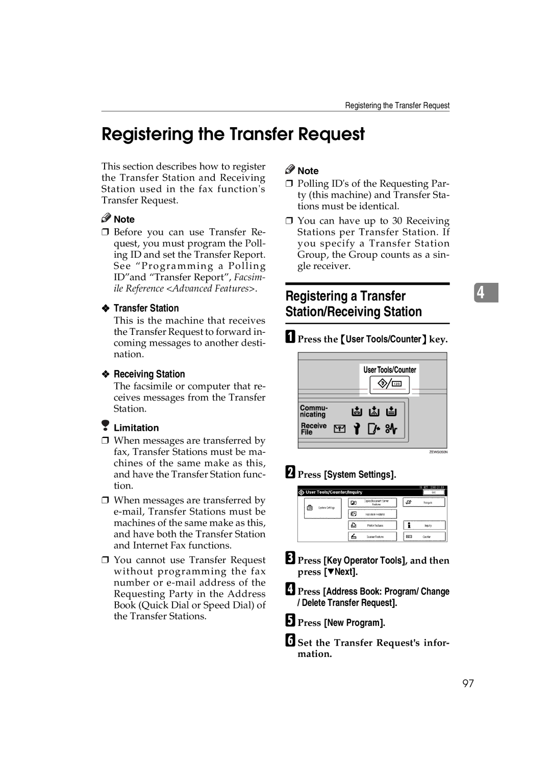 Ricoh LD122, LD127, DSm622, DSm627 Registering the Transfer Request, Registering a Transfer Station/Receiving Station 