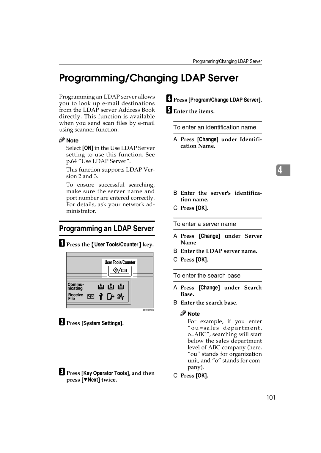 Ricoh LD122, LD127, DSm622 Programming/Changing Ldap Server, To enter an identification name, To enter a server name, 101 