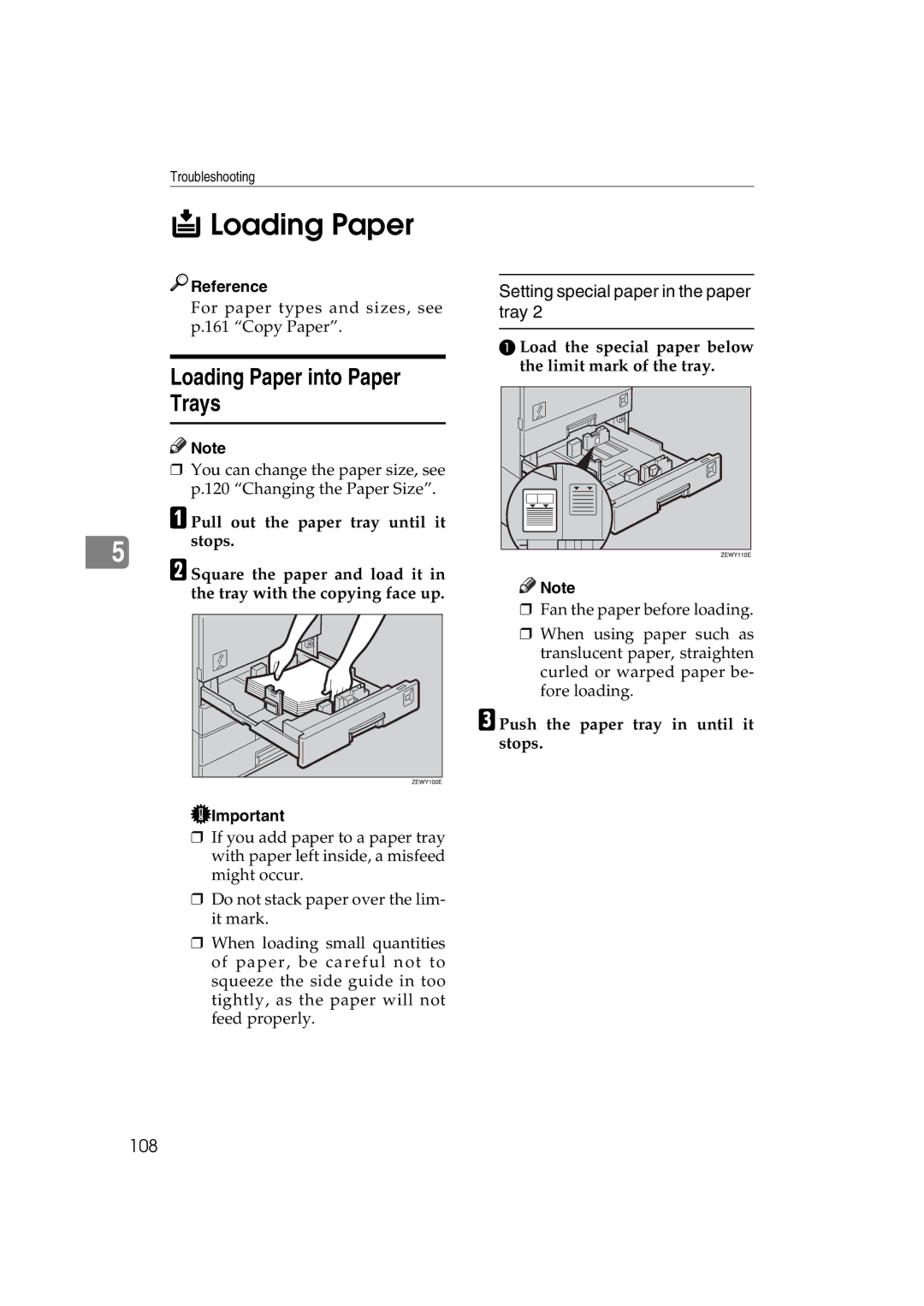 Ricoh LD127, LD122, DSm622, DSm627 Loading Paper into Paper Trays, Setting special paper in the paper tray, 108 