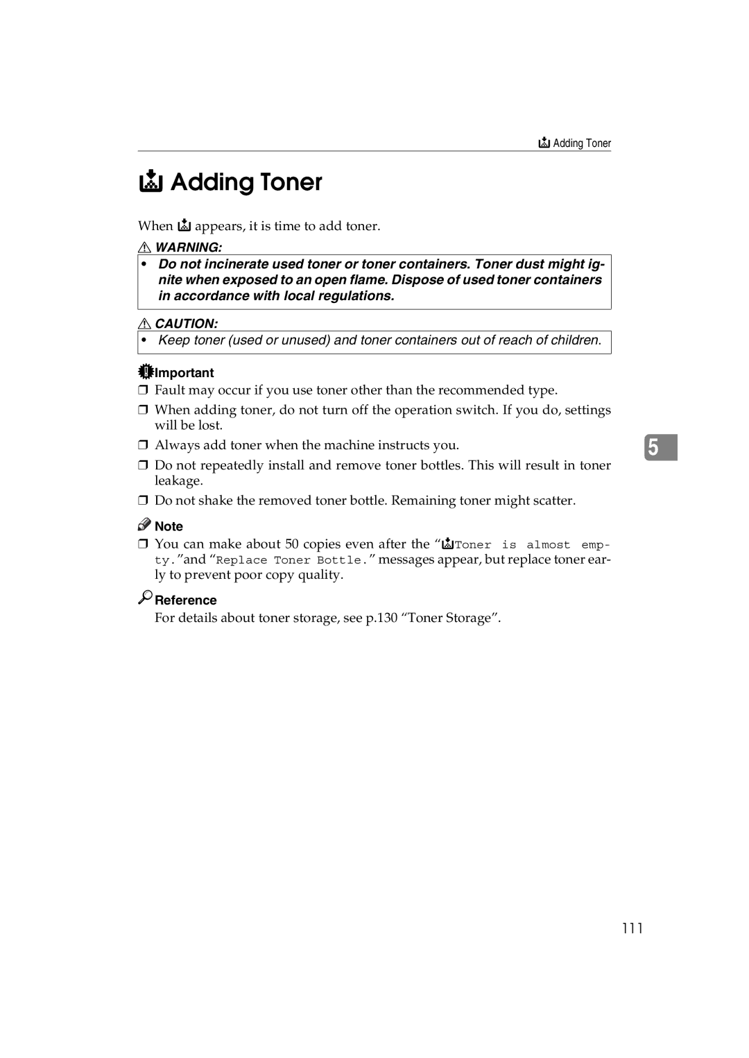 Ricoh DSm627, LD127, LD122, DSm622 specifications Adding Toner, 111 