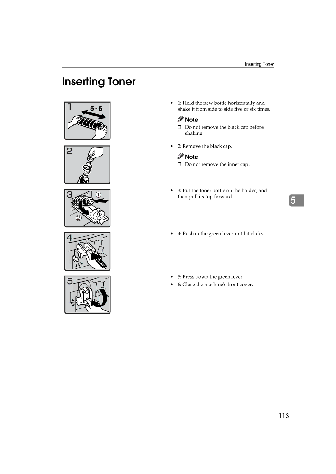 Ricoh LD122, LD127, DSm622, DSm627 specifications Inserting Toner, 113 