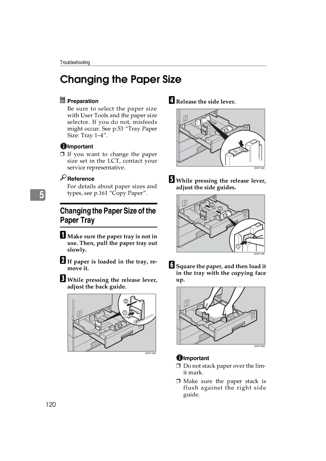 Ricoh LD127, LD122, DSm622, DSm627 specifications Changing the Paper Size of the Paper Tray, 120 