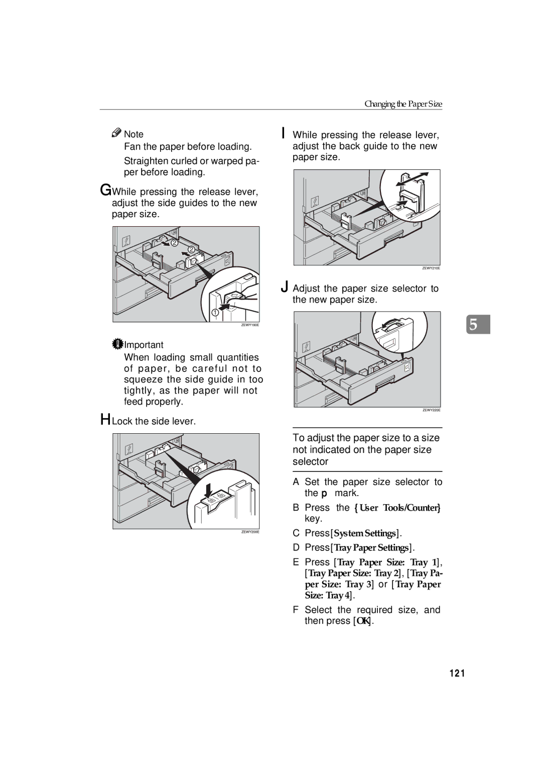 Ricoh LD122, LD127, DSm622, DSm627 121, Set the paper size selector to the p mark, Press the User Tools/Counter, Key 